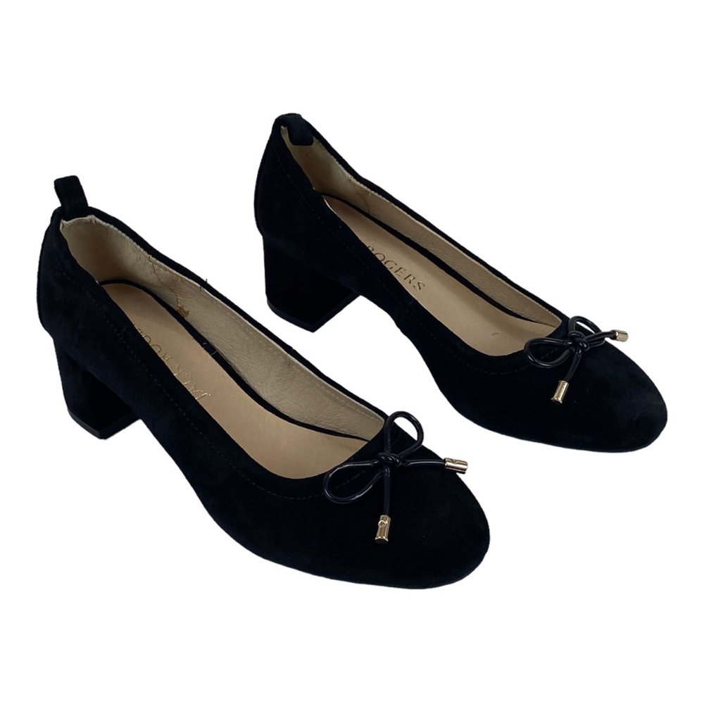 Black Suede Bow Block Heel Pumps - Women